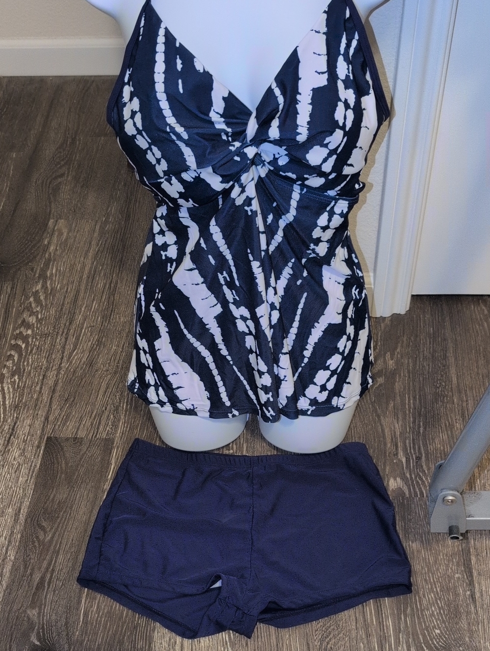 Blue & White Tie-Dye Tankini Top with Navy Swim Shorts